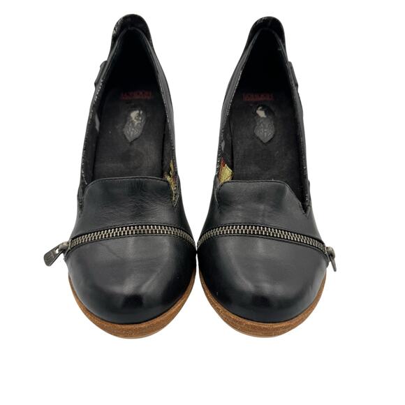 London Underground Black Leather Detailed Zipper Chunky Block Heel Trendy Pumps - Picture 3 of 10